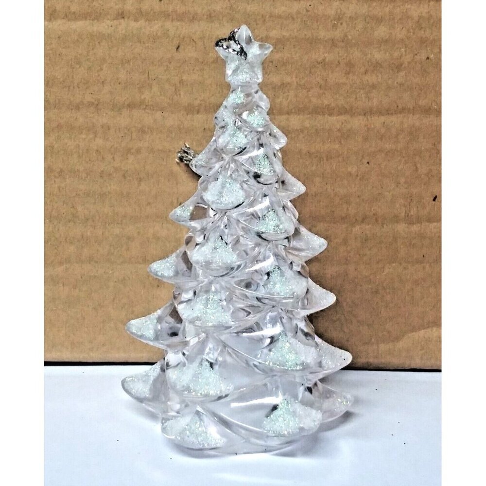 Christmas Tree Christmas Ornament/Topper 4” clear Acrylic w/Silver Sparkle RARE